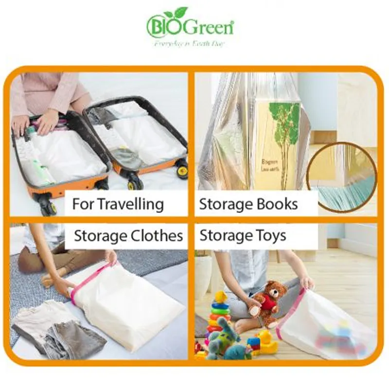 Multi-purpose biodegradable drawstring trash bags for storage and disposal