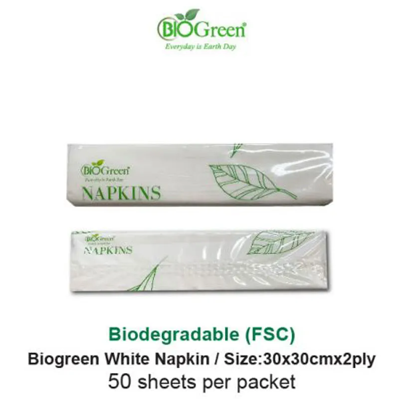 Premium biodegradable white napkins, 50 pcs pack, made from FSC-certified wood pulp